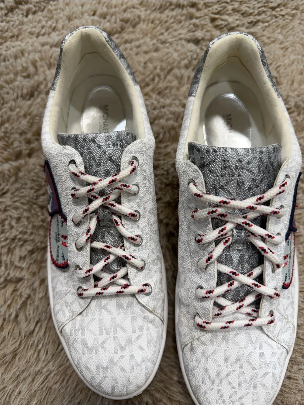 Michael Kors White & Silver Kids Logo Patch Lace-Up Sneakers